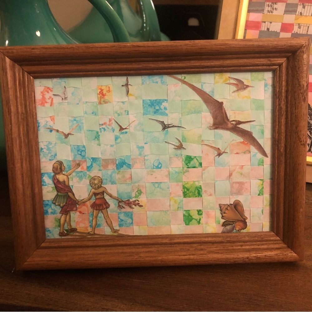 “Pterodactyl Seas” Dinosaur Paper Weave VTG Illustrations Hand Crafted Frame Art